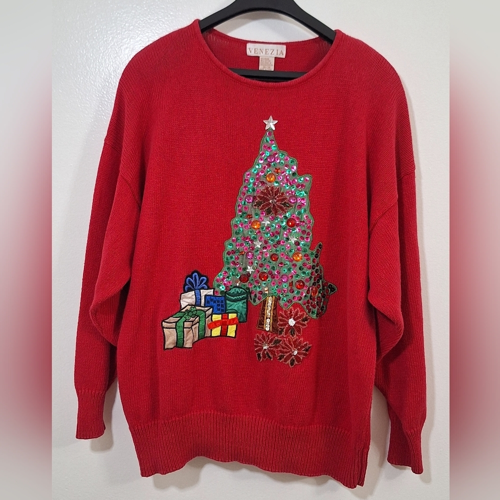VENEZIA Vibrant Red Holiday Sweater with Tree and Gifts